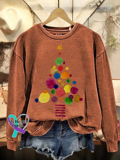 Christmas Tree Print Casual Sweatshirt Orange / S