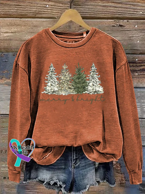 Christmas Tree Print Casual Sweatshirt Orange / S