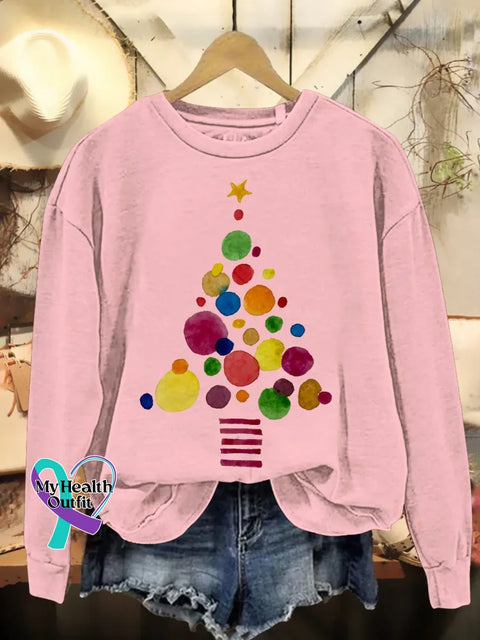 Christmas Tree Print Casual Sweatshirt Pink / S