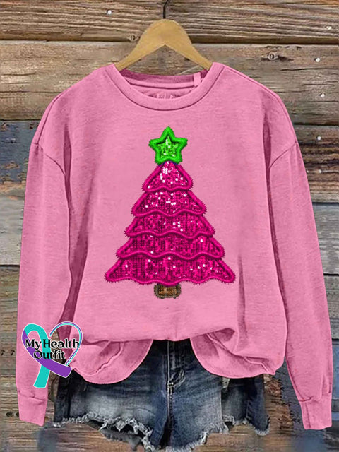 Christmas Tree Print Casual Sweatshirt Pink / S