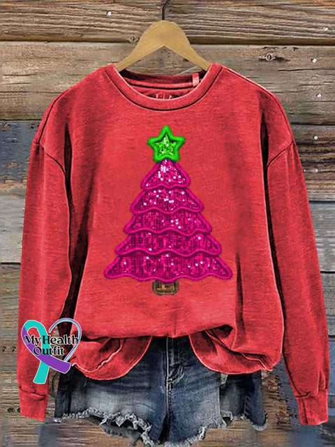Christmas Tree Print Casual Sweatshirt Red / S