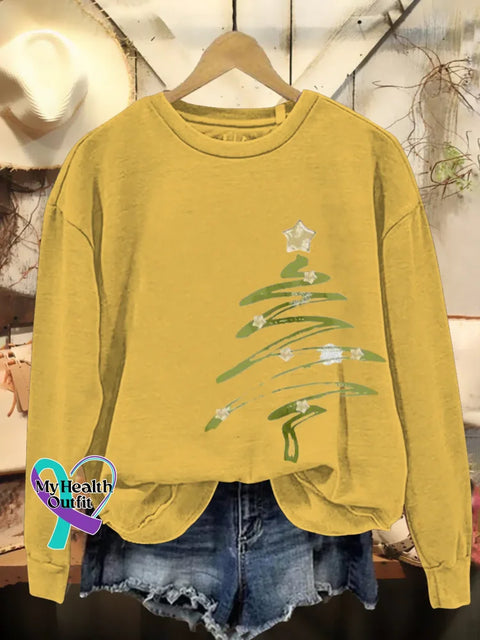 Christmas Tree Print Casual Sweatshirt Yellow / S