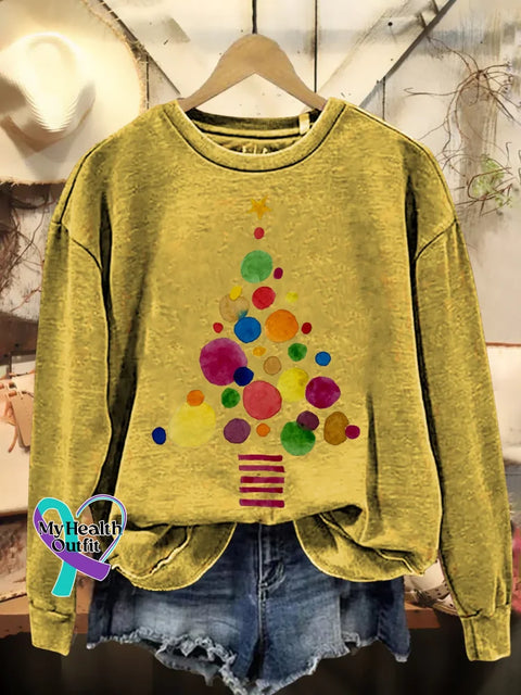 Christmas Tree Print Casual Sweatshirt Yellow / S