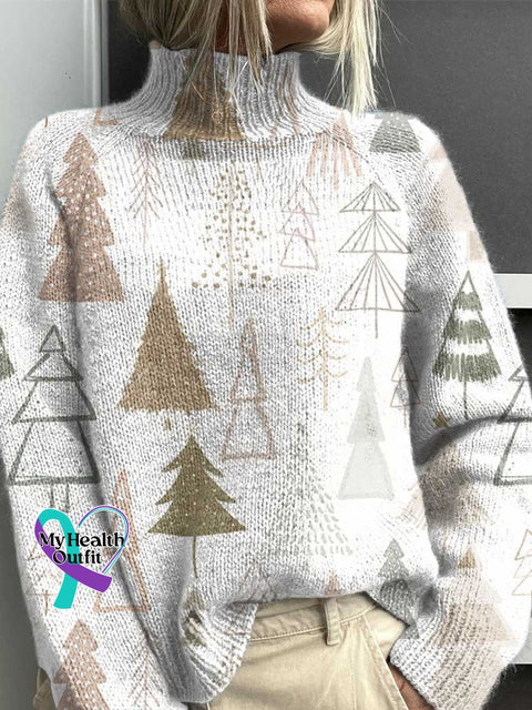 Christmas Tree Print Knit Turtleneck Pullover Sweater Multicolor / S