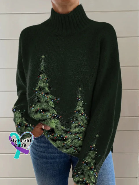 Christmas Tree Print Knit Turtleneck Pullover Sweater Multicolor / S