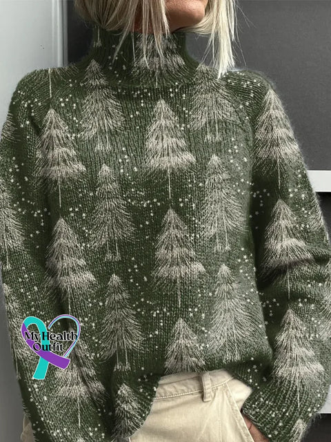 Christmas Tree Print Knit Turtleneck Pullover Sweater Multicolor / S