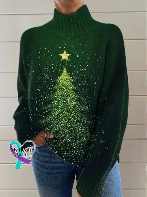 Christmas Tree Print Knit Turtleneck Pullover Sweater Multicolor / S