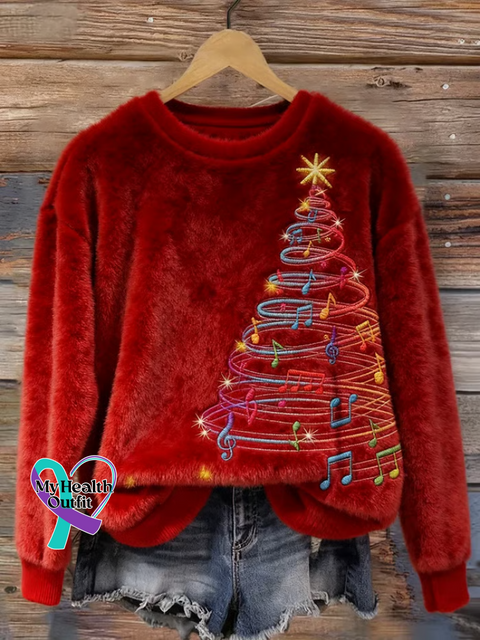 Christmas Tree Print Plush Crew Neck Top Red / S