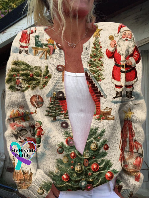 Christmas Tree Santa Claus Print Buttoned Cardigan Sweater Multicolor / S