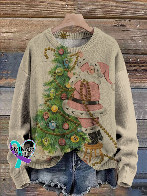 Christmas Tree Santa Claus Print Knit Pullover Sweater Multicolor / S