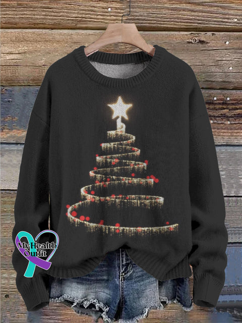 Christmas Tree Shiny Print Knit Pullover Sweater Black / S