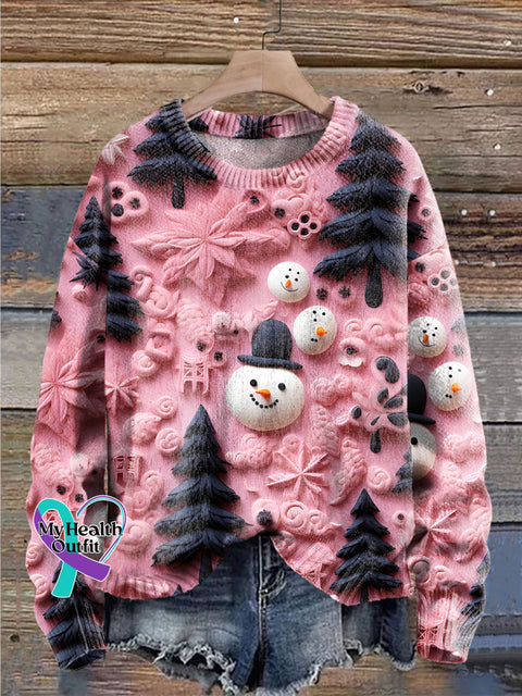 Christmas Tree Snowman Pink 3D Simulation Art Print Knit Pullover Sweater / 4Xl