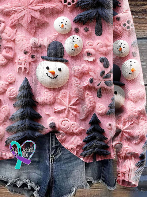 Christmas Tree Snowman Pink 3D Simulation Art Print Knit Pullover Sweater