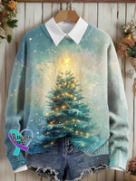 Christmas Tree Star of Bethlehem Art Vintage Print Knit Pullover Sweater Multicolor / S