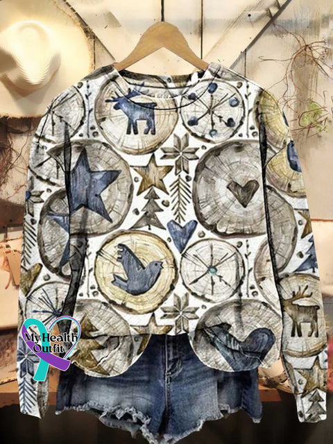 Christmas Tree Stars Birds Casual Sweatshirt Multicolor / S