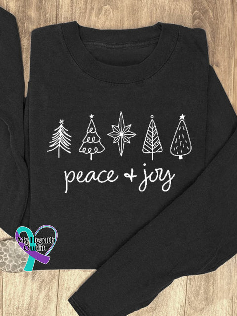 Christmas Tree Stars Peace & Joy Print Casual Sweatshirt Black / S