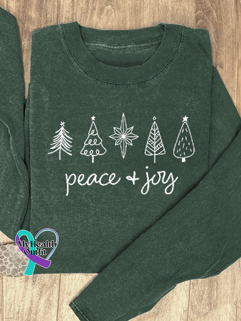 Christmas Tree Stars Peace & Joy Print Casual Sweatshirt Green / S