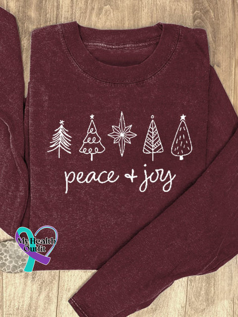 Christmas Tree Stars Peace & Joy Print Casual Sweatshirt Maroon / S