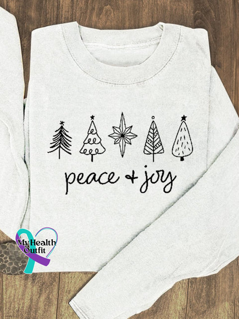 Christmas Tree Stars Peace & Joy Print Casual Sweatshirt White / S