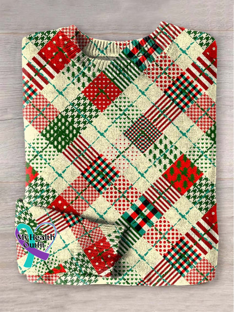 Christmas Tree Winter Grid Geometry Print Knit Pullover Sweater Multicolor / S