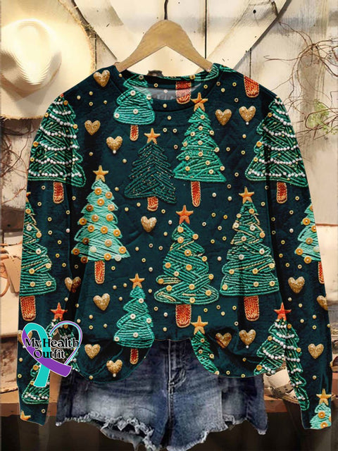 Christmas Trees Gold Hearts Print Casual Sweatshirt Multicolor / S