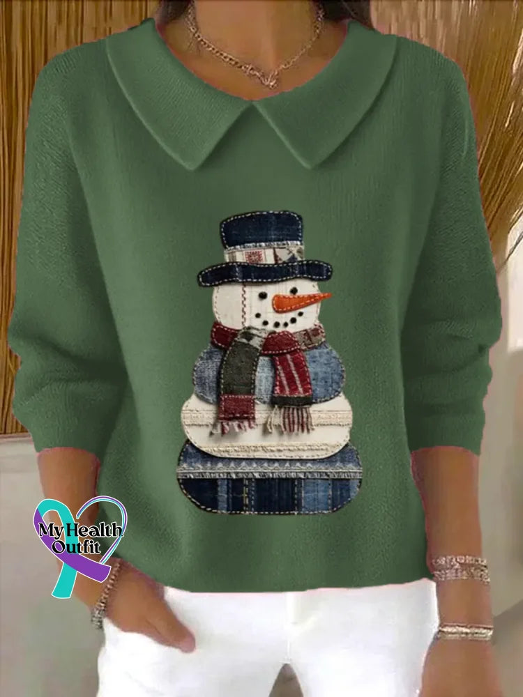 Christmas Vintage Snowman Art Print Casual Peter Pan Collar 3/4 Sleeve Sweat Green / S