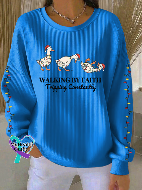 Christmas Walking By Faith Tripping Constantly Print Casual Sweatshirt Blue / S