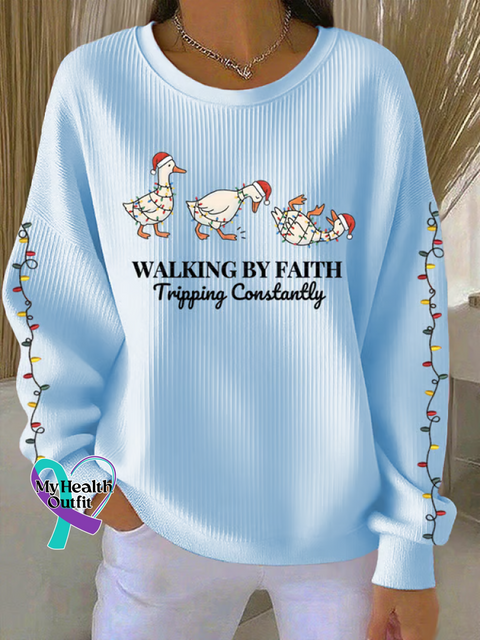 Christmas Walking By Faith Tripping Constantly Print Casual Sweatshirt LightBlue / S
