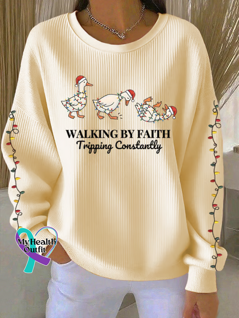 Christmas Walking By Faith Tripping Constantly Print Casual Sweatshirt Yellow / S