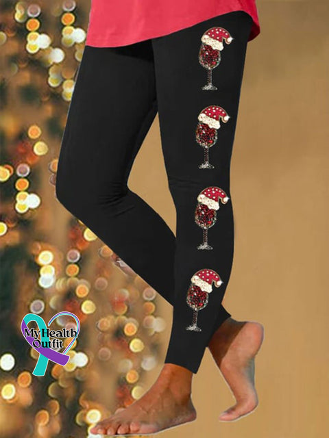 Christmas Wine Glass Print Casual Stretch Pants