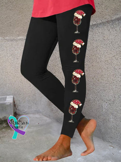 Christmas Wine Glass Print Casual Stretch Pants Black / S