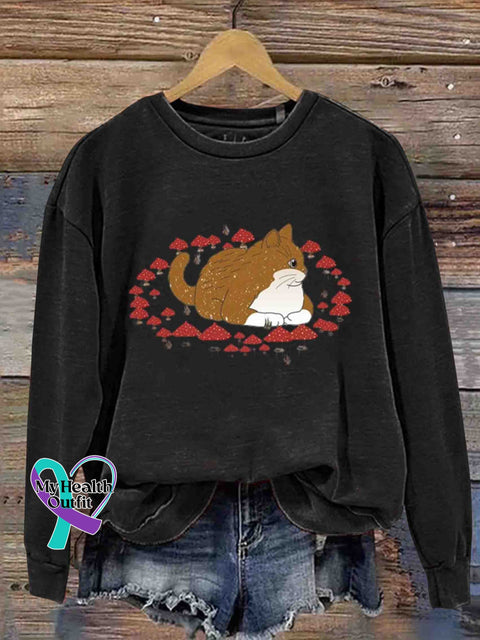 Chunky Cat and Shrooms Art Sweatshirt Black / S