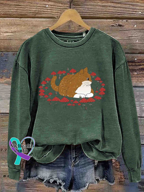 Chunky Cat and Shrooms Art Sweatshirt Green / S