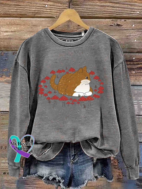 Chunky Cat and Shrooms Art Sweatshirt Grey / S