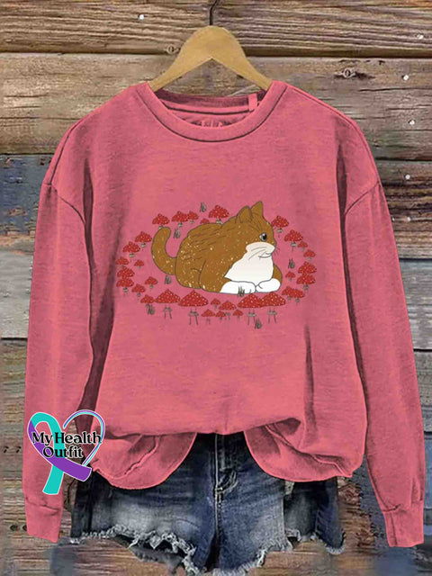 Chunky Cat and Shrooms Art Sweatshirt Pink / S