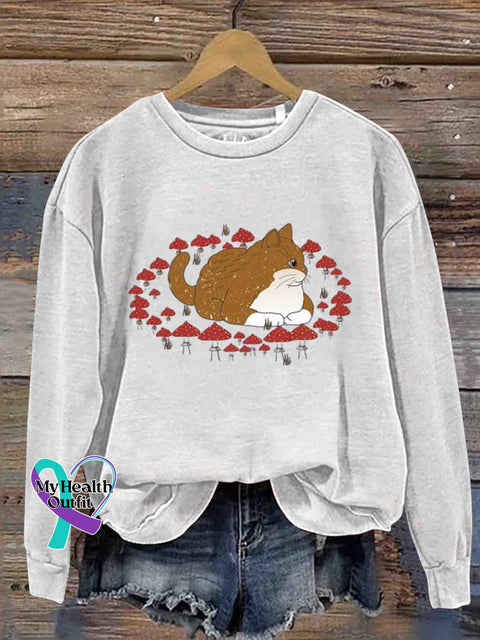 Chunky Cat and Shrooms Art Sweatshirt White / S