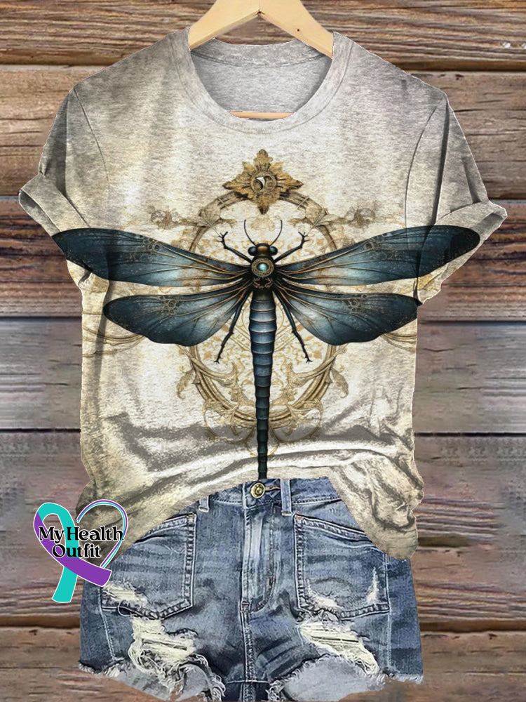 Classic Dragonfly Gradient Print Casual Round Neck Short Sleeve T-Shirt Multicolor / S