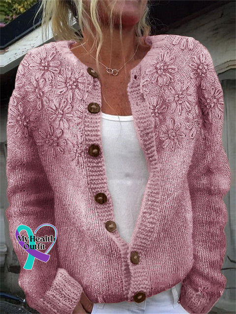 Classy 3D Floral Yoke Jacquard Cozy Knit Cardigan Pink / S
