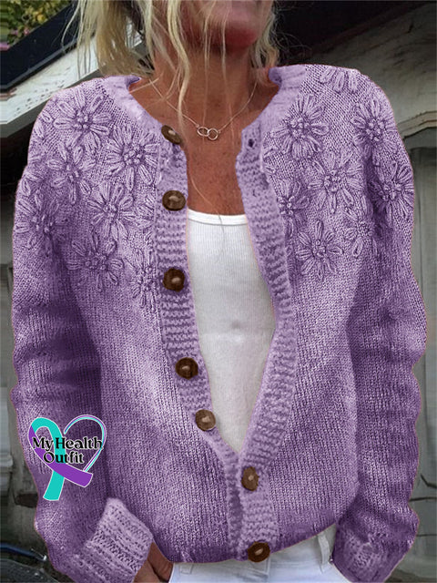 Classy 3D Floral Yoke Jacquard Cozy Knit Cardigan Purple / S