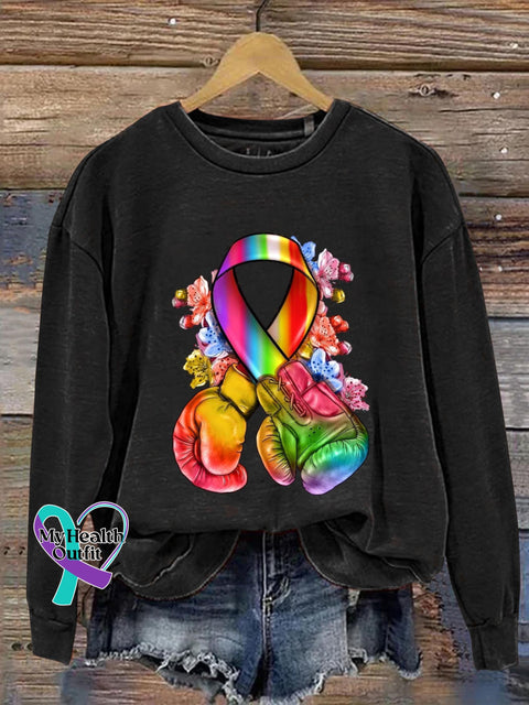 Colorful Cancer Ribbon Awareness Art Print Pattern Casual Sweatshirt Black / S