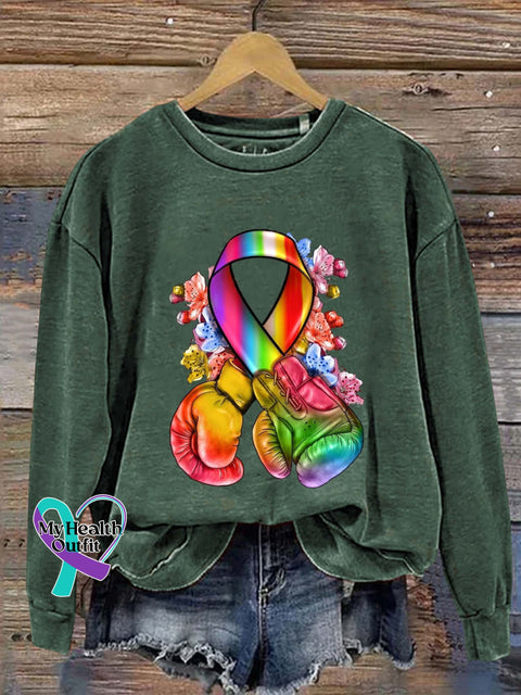 Colorful Cancer Ribbon Awareness Art Print Pattern Casual Sweatshirt Green / S