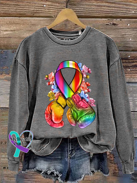 Colorful Cancer Ribbon Awareness Art Print Pattern Casual Sweatshirt Grey / S