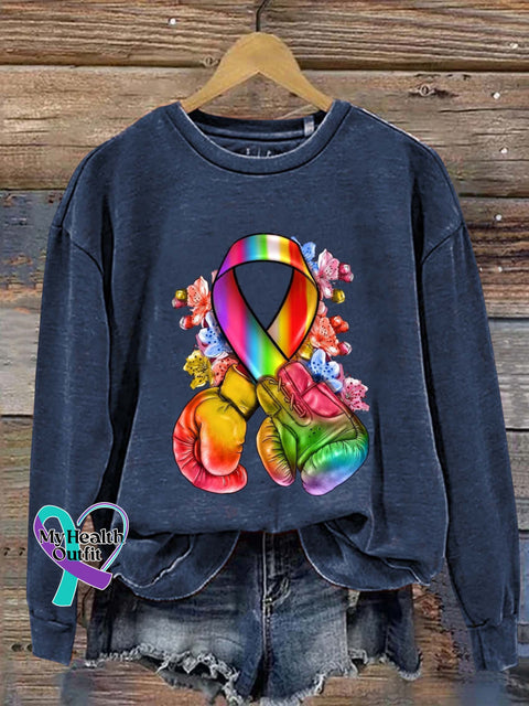 Colorful Cancer Ribbon Awareness Art Print Pattern Casual Sweatshirt Navy / S