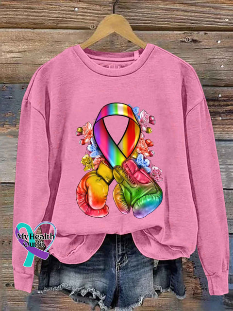 Colorful Cancer Ribbon Awareness Art Print Pattern Casual Sweatshirt Pink / S