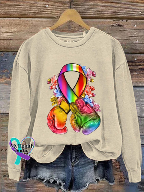 Colorful Cancer Ribbon Awareness Art Print Pattern Casual Sweatshirt Sand / S