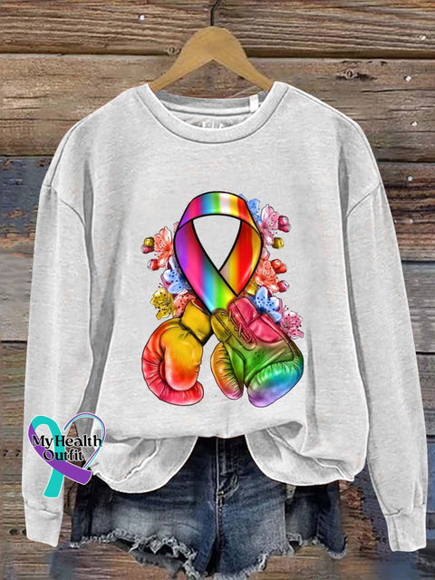 Colorful Cancer Ribbon Awareness Art Print Pattern Casual Sweatshirt White / S