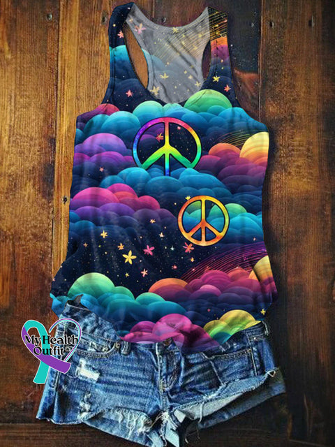 Colorful Clouds and Peace Print Casual Tank Top Multicolor / S