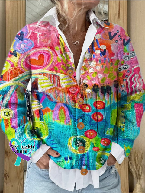 Colorful Doodle Flowers Print Buttoned Cardigan Sweater Multicolor / S