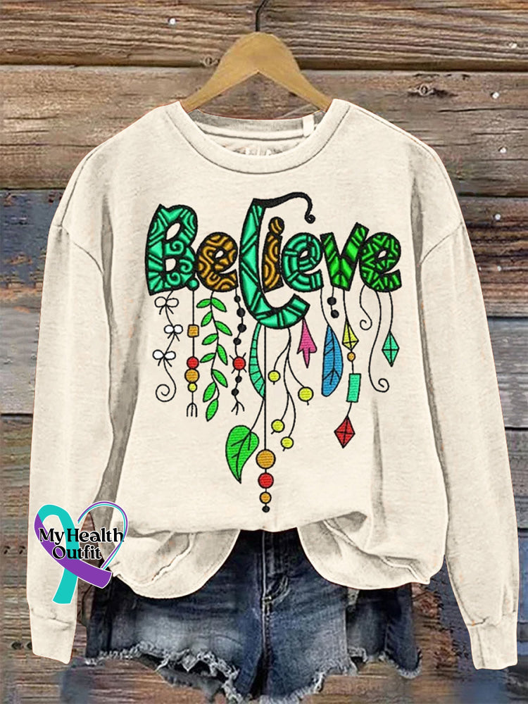 Colorful Love Crew Neck Long Sleeve Sweatshirt Beige / S