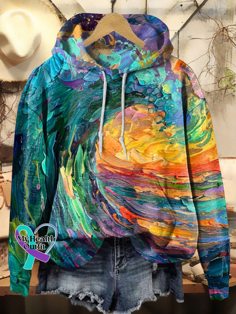 Colorful Oil Painting Of Waves Art Print Casual Hoodie Sweatshirt Multicolor / S